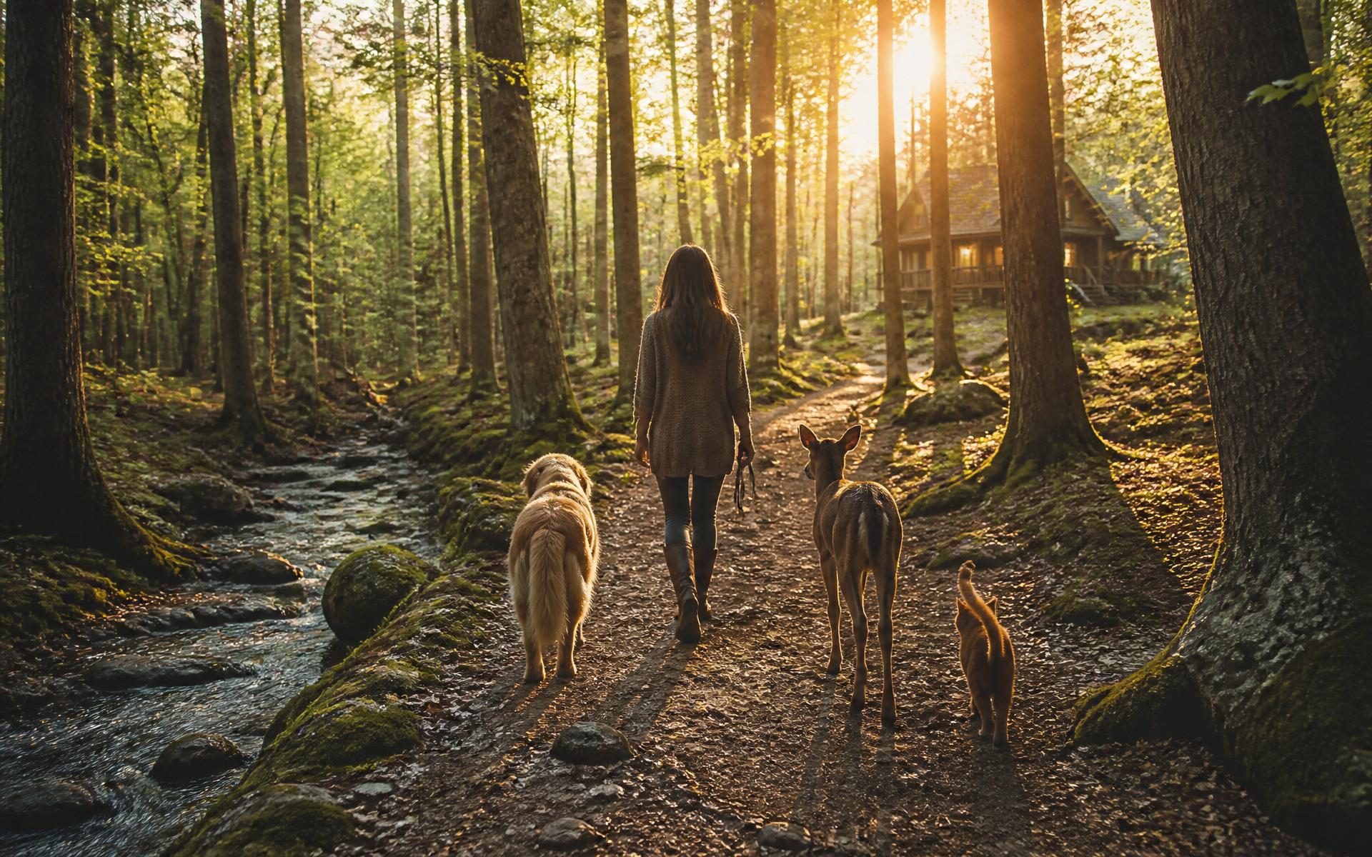 A woman walking a forest trail at golden hour with a golden retriever, a young deer, and an orange cat